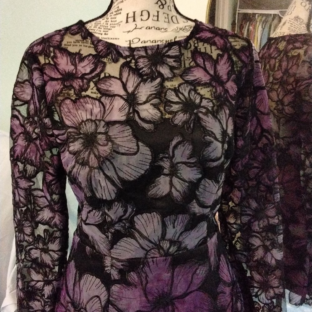 Women's EUC Sheer/lined long sleeve purple/black floral dress by Milly size 4 - Picture 2 of 6